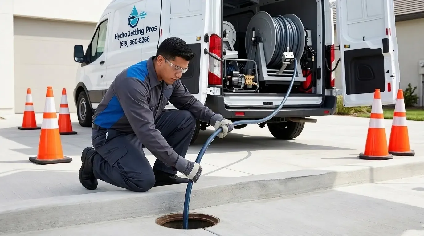 Hydro Jetting Services in Del Mar Heights CA - Professional sewer drain cleaning technician clearing pipe blockages with high pressure water jetter